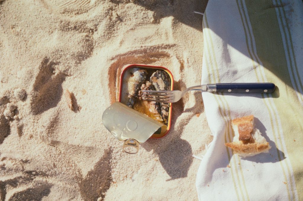 healthy snacks on the road - sardines and a crusty baguette